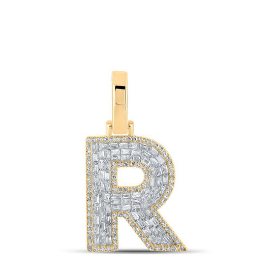 5/8Cttw Baguette Diamond Initial Letter R Charm 10kt Yellow Gold Mens Pendant