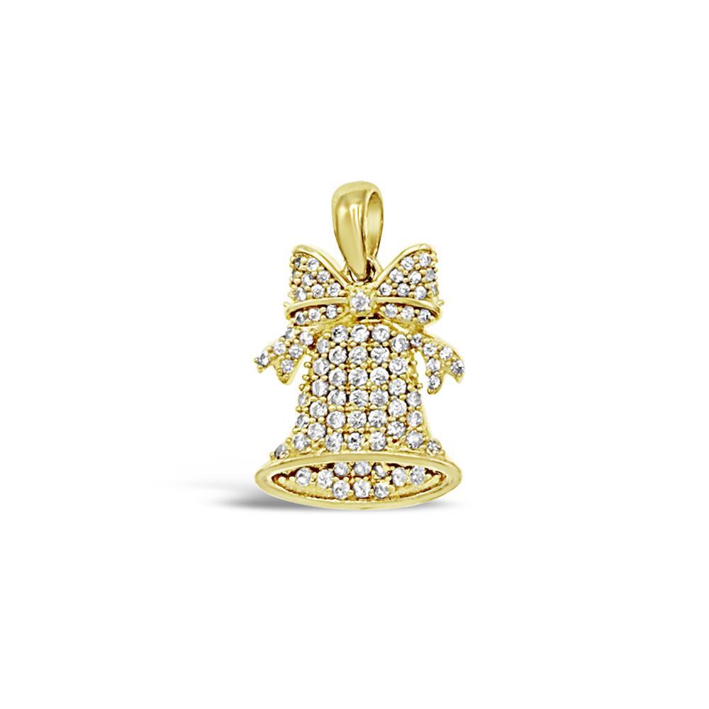 10K Yellow Gold Christmas Bell Pendant CZ Charm 0.9"