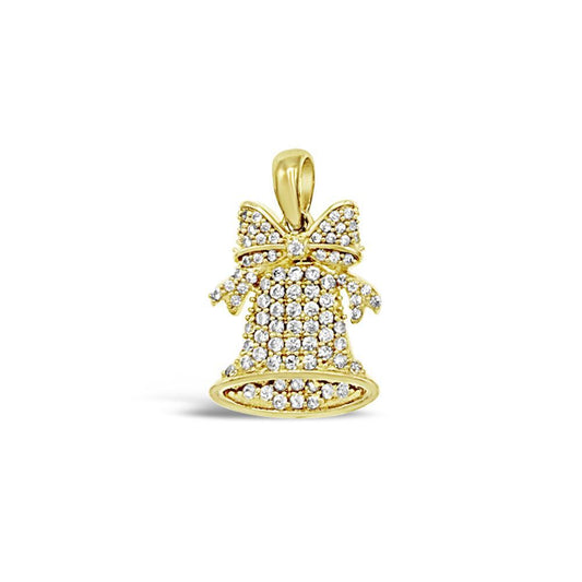10K Yellow Gold Christmas Bell Pendant CZ Charm 0.9"