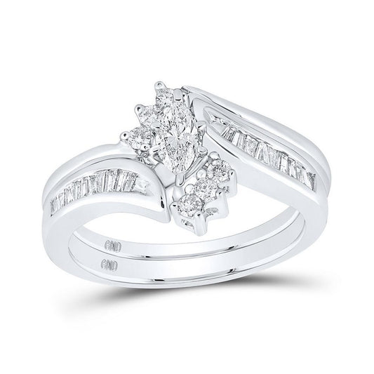 0.50 Сttw Marquise Baguette Diamond Bridal Wedding Ring Set 14k White Gold