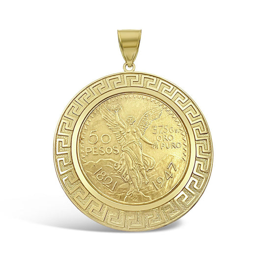 14k Gold Solid Mexican Centenario 50 Pesos 1947 Coin Pendant with Bezel