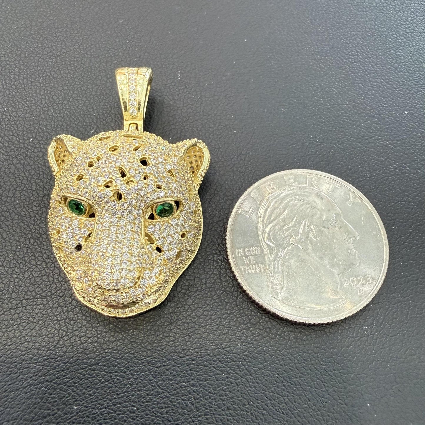 Jaguar Leopard Head Pendant Gold Over 925 Sterling Silver