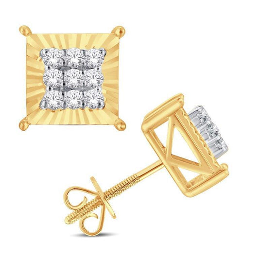 Diamond Square Mens Stud Earrings 10k Yellow Gold Screw Back