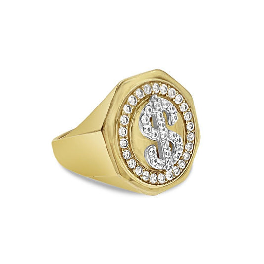 Dollar Sign Signet Octagon Mens Pinky Ring Real 10k Yellow Gold