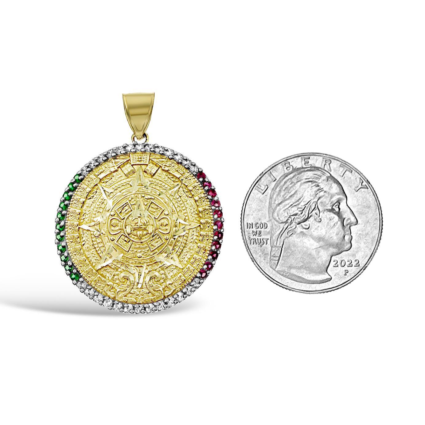 10K Yellow Gold Aztec Calendar Pendant Round Mexico Flag Colors Charm 1.4 inch