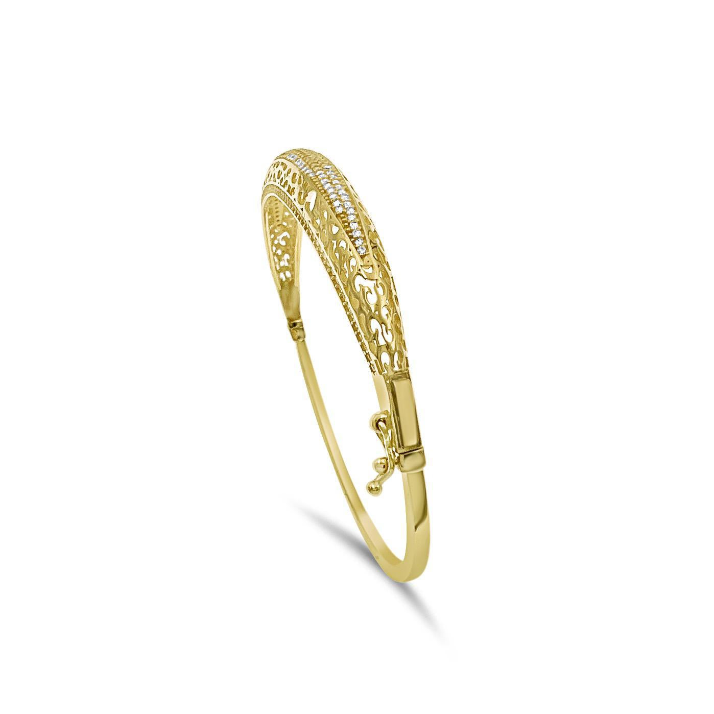 14K Yellow Gold Pave Filigree Hinged Bangle Bracelet
