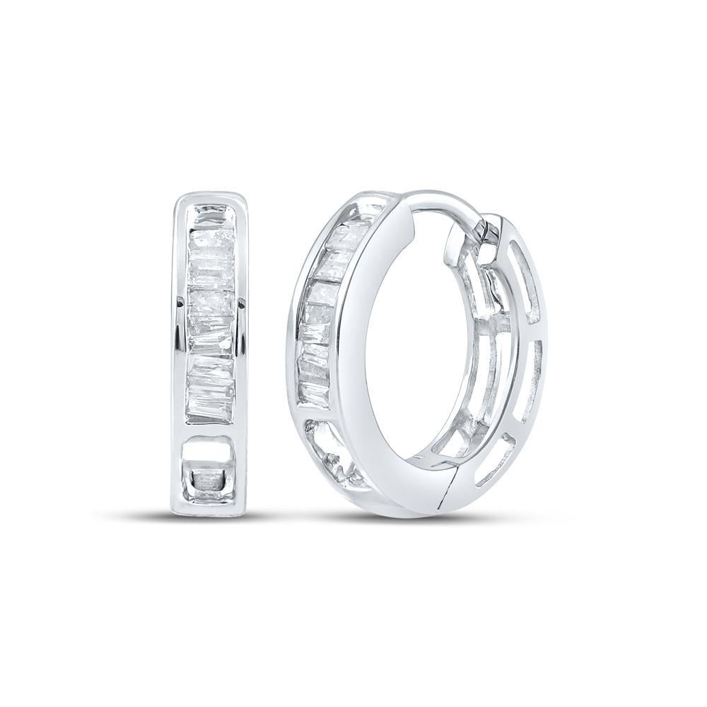 Baguette Diamond Hoop Huggie Earrings 10k White Gold
