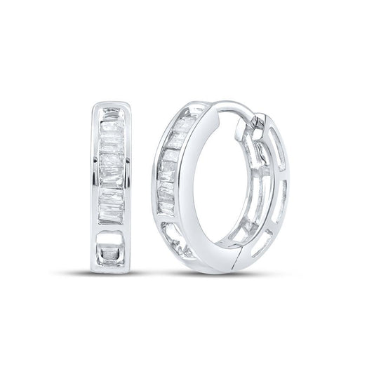Baguette Diamond Hoop Huggie Earrings 10k White Gold