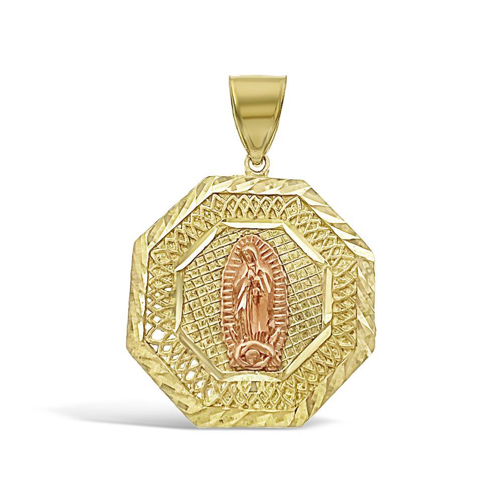 Virgin Mary Pendant 10k Two Tone Gold Lady Guadalupe Octagon Charm 1.4"