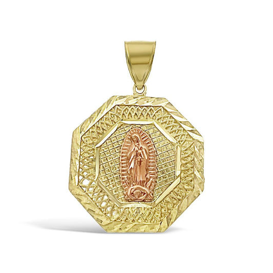 Virgin Mary Pendant 10k Two Tone Gold Lady Guadalupe Octagon Charm 1.4"