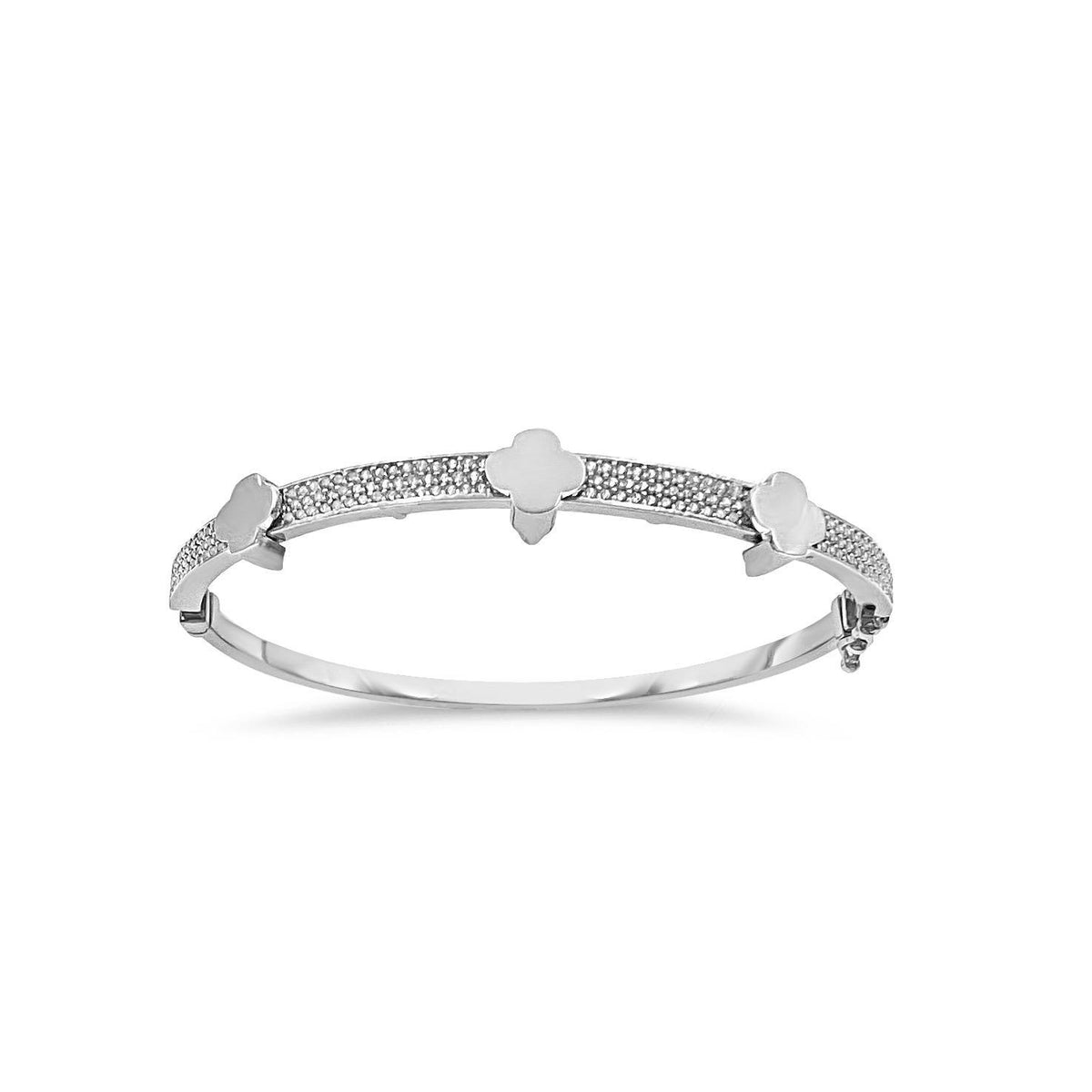 14K White Gold Clover Hinged Bangle Bracelet