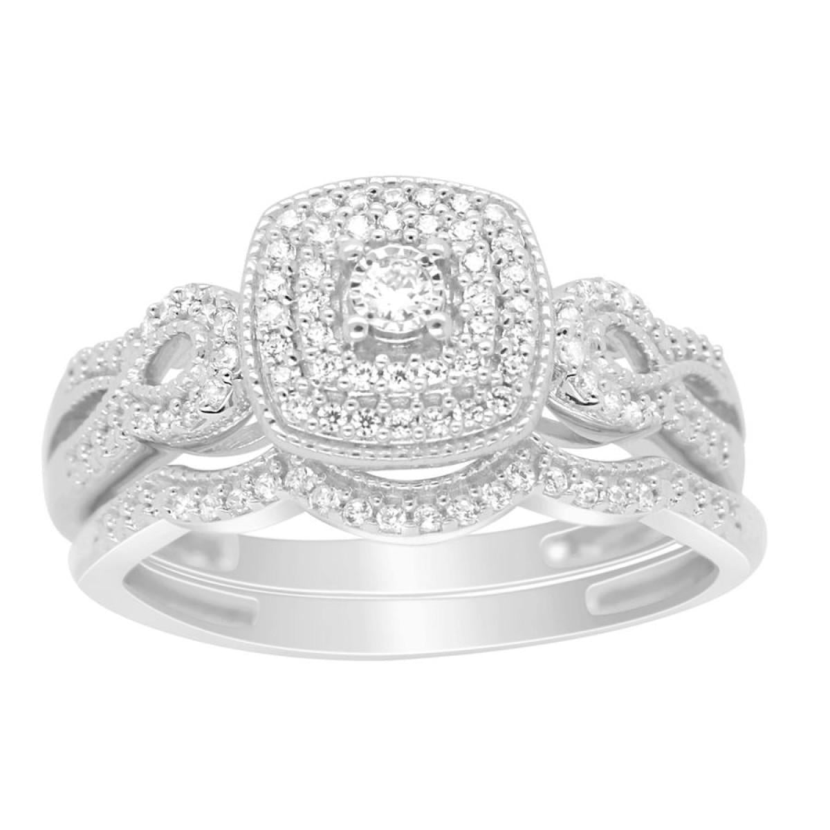 10k White Gold Diamond Cushion Bridal Engagement Wedding Ring Band Set 0.25Cttw