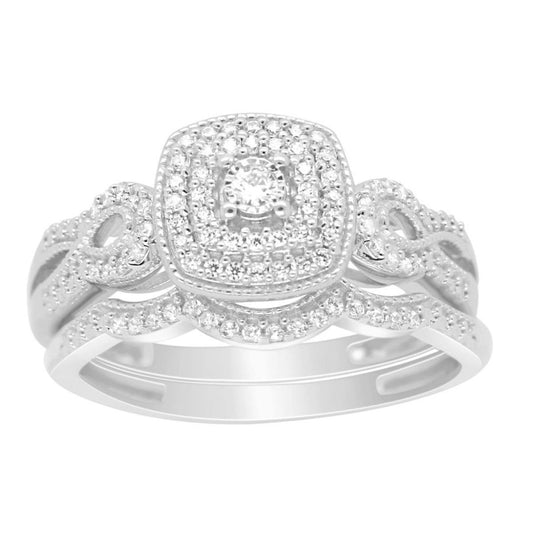 10k White Gold Diamond Cushion Bridal Engagement Wedding Ring Band Set 0.25Cttw