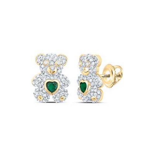 Natural Emerald Heart Diamond Teddy Bear Stud Earrings 10K Yellow Gold