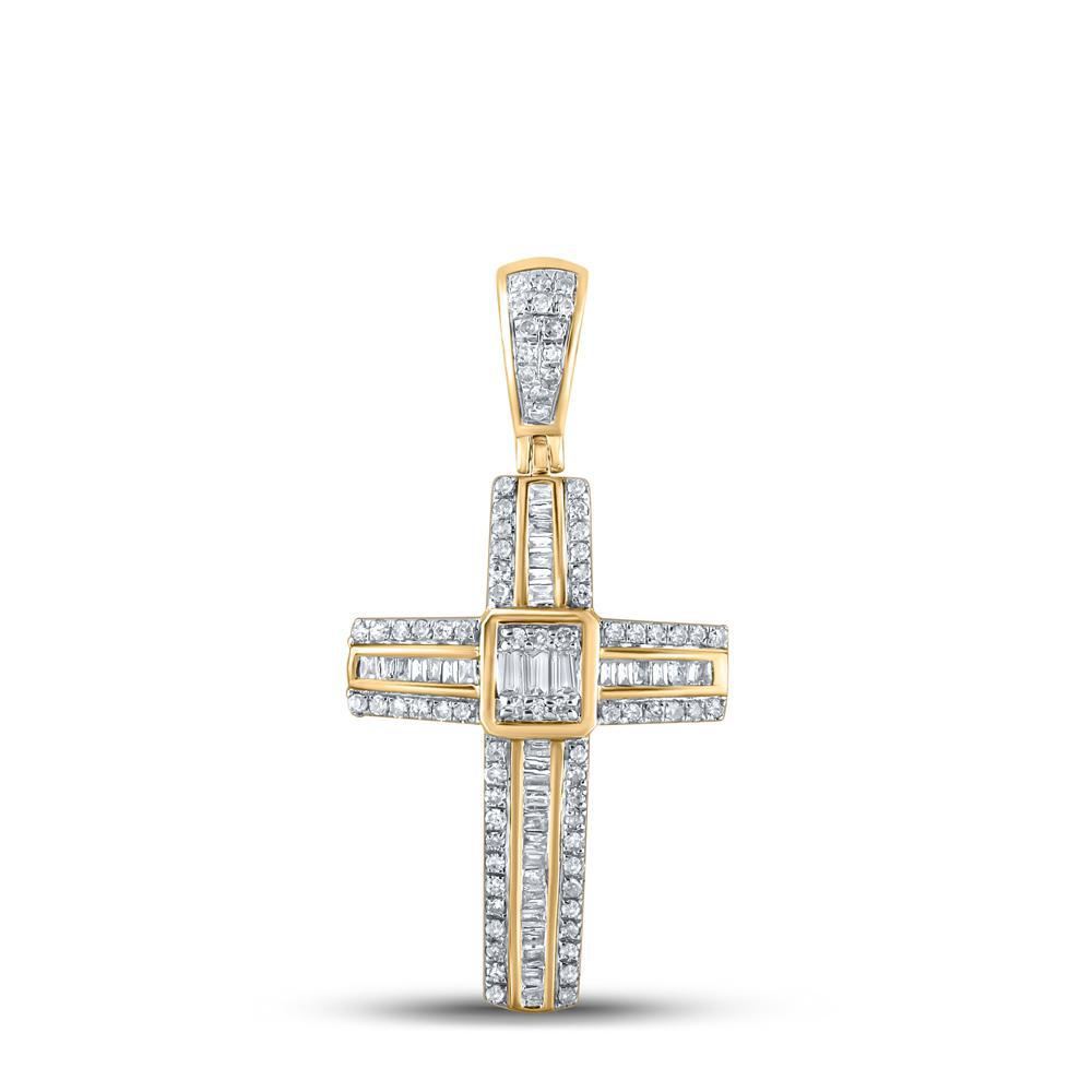 0.50cttw Baguette Diamond Cross Mens Charm Pendant 10k Yellow Gold