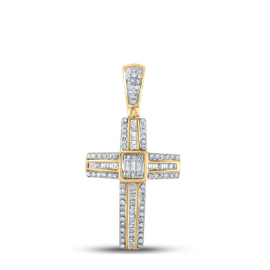 0.50cttw Baguette Diamond Cross Mens Charm Pendant 10k Yellow Gold