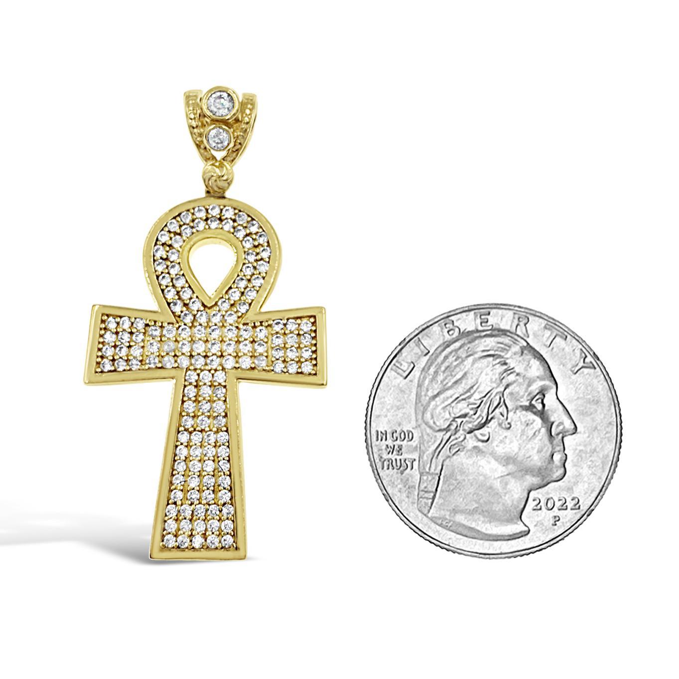 14k Gold Ankh Cross Pendant CZ Iced Out Egyptian Life Symbol Charm 1.8 inch