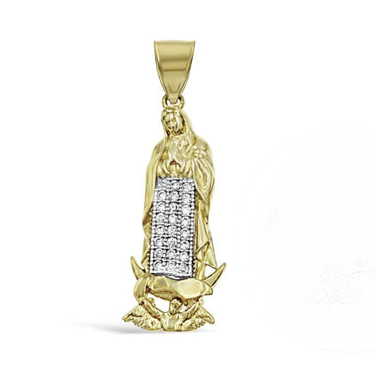 Virgin Mary Pendant Lady Guadalupe Charm 14k Yellow Gold 1.4 inch