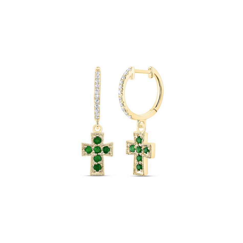 Natural Green Emerald & Diamond Cross Hoop Dangle Drop Earrings 14k Yellow Gold