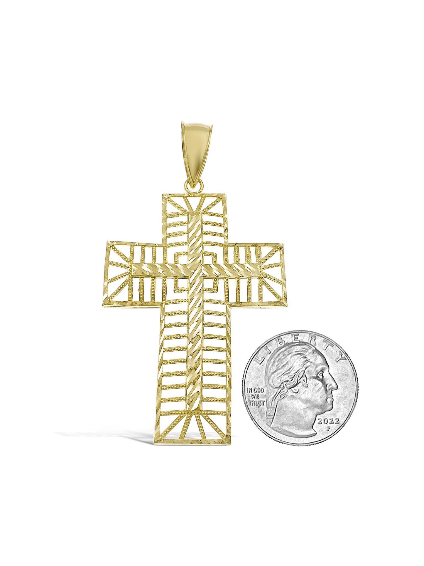 10k Gold Cross Pendant Filigree Men Charm 2.7"