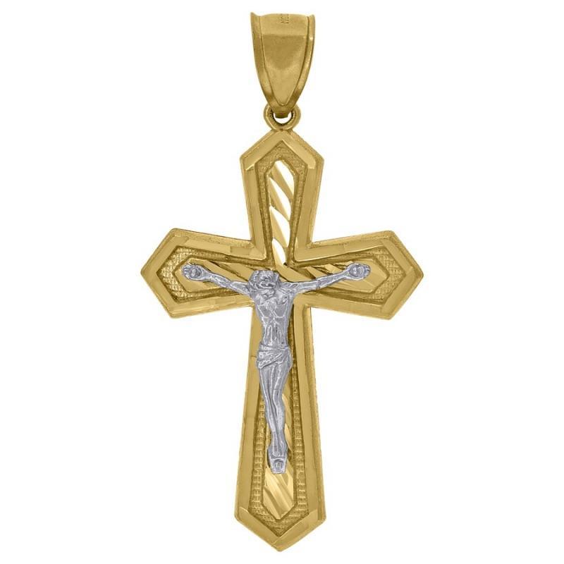 10k Two tone Gold Cross Diamond Cut Crucifix Pendant Charm
