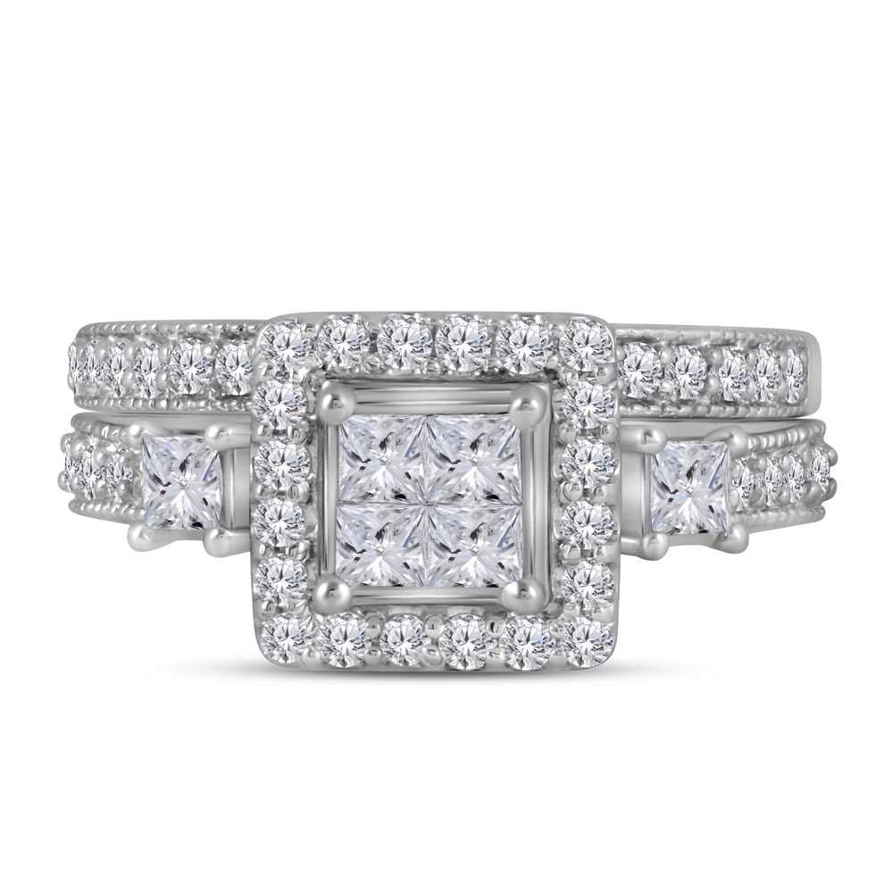 10k White Gold Princess Diamond Bridal Wedding Ring Set Band 1.00Cttw