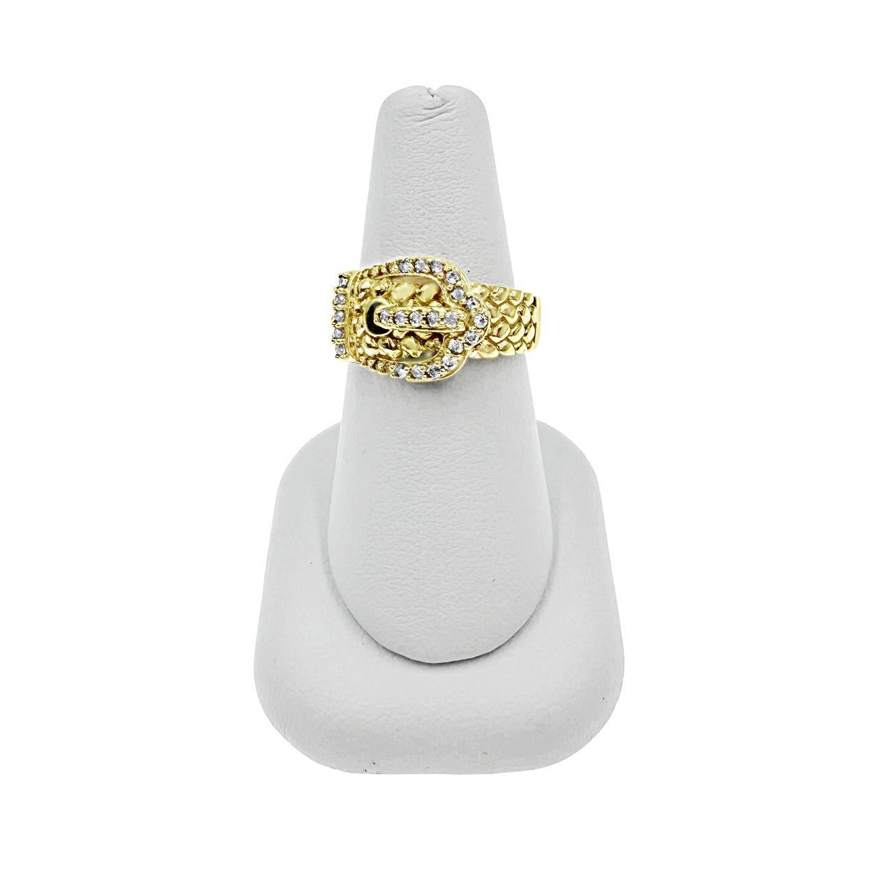 14K Yellow Gold CZ Buckle Ring Statement Fashion Band Womens