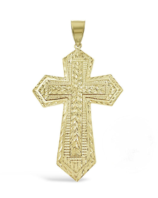 10K Yellow Gold Large Mens Cross Pendant Textured Charm 3.2 Inch