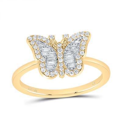 Buguette Diamond Butterfly Ring 10k Yellow Gold Womens