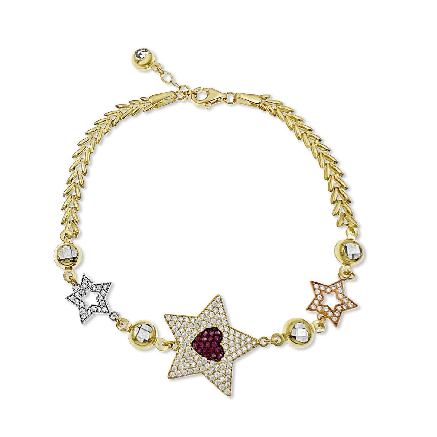 14K Tri Color Gold Star Heart Bracelet