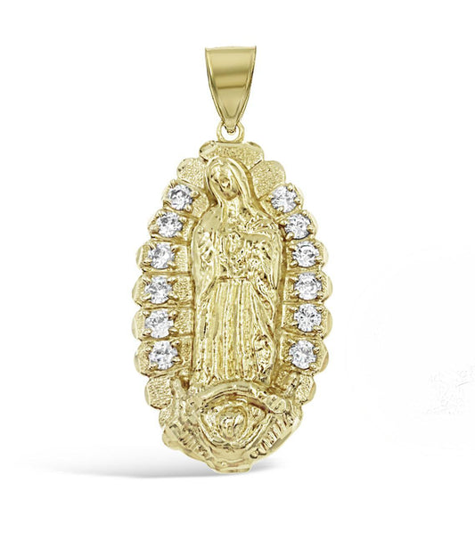 10K Yellow Gold Virgin Mary Lady Guadalupe Pendant CZ Charm 2.2 inch