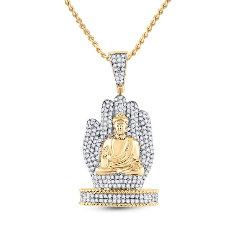 Diamond Buddha Praying Hands Pendant 10k Yellow Gold 1-3/4ctw