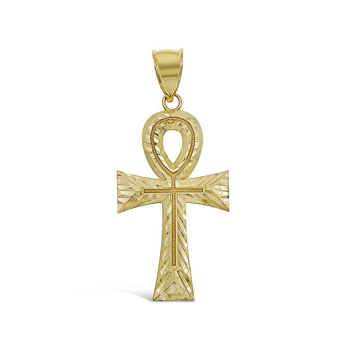 Egyptian Ankh Cross Pendant 10k Yellow Gold Charm 1.8"