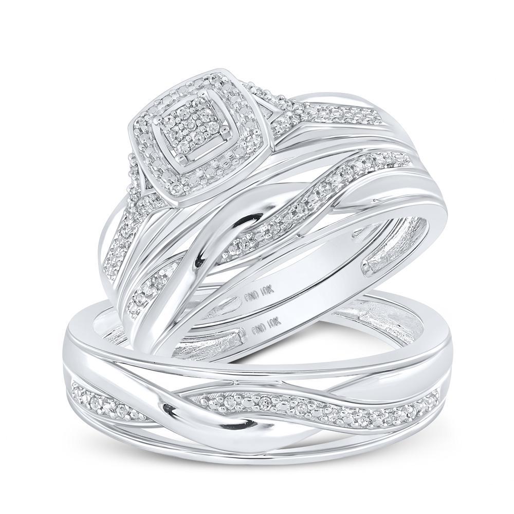 Diamond Trio Wedding His Hers Set Ring Cushion Shape Twisted Band 10k White Gold