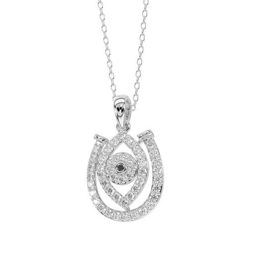 0.33cttw Diamond Horseshoe Evil Eye Protection Luck Pendant Charm 14k White Gold