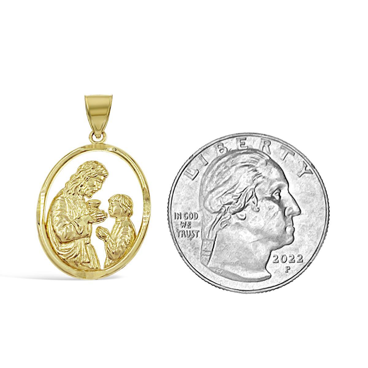 14k Gold Jesus Giving Communion Pendant Oval Religious Charm 1.1 inch