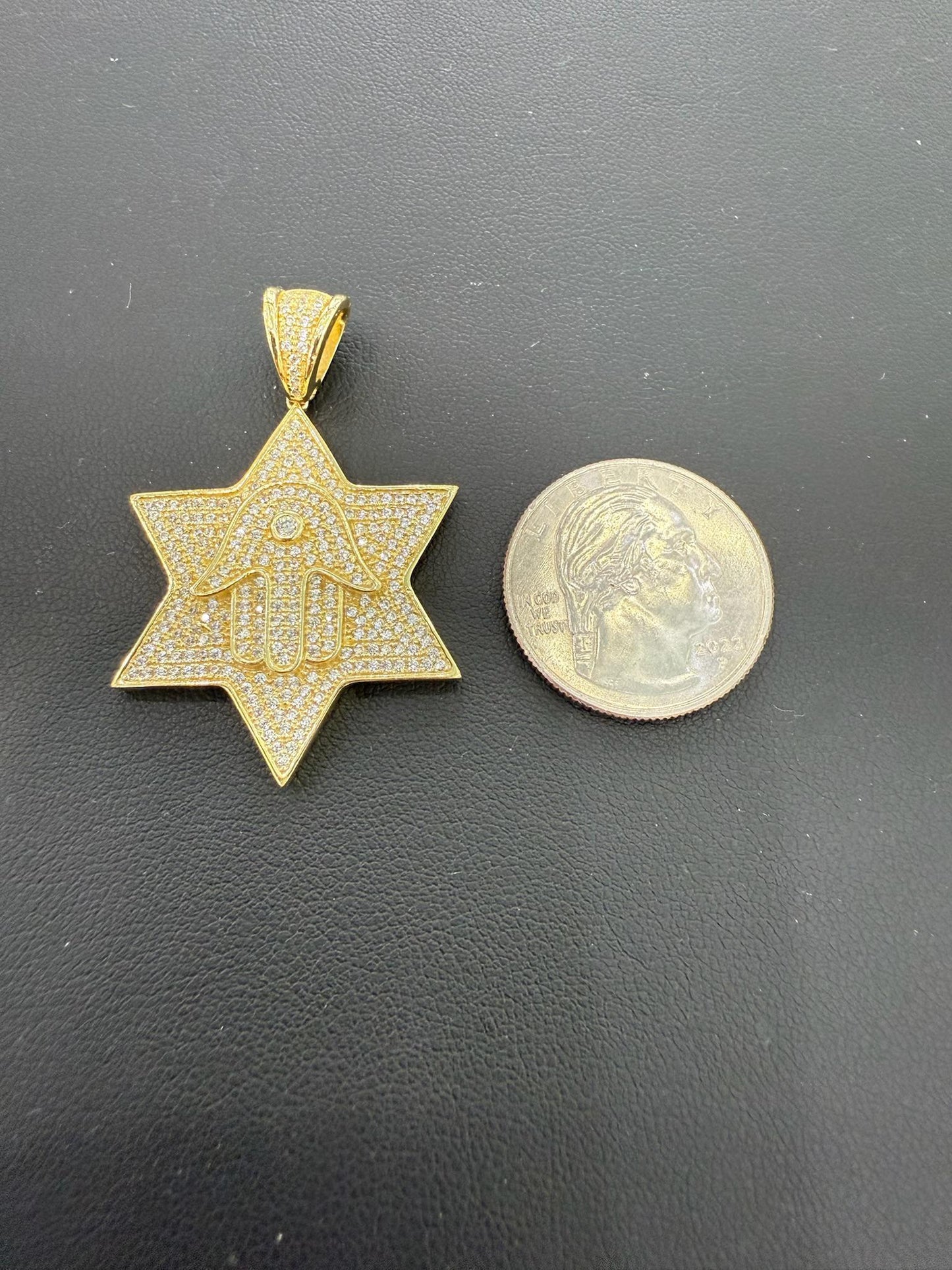 Star Of David Hamsa Pendant 925 Sterling Silver Gold Plated Iced CZ Charm 1.8 in