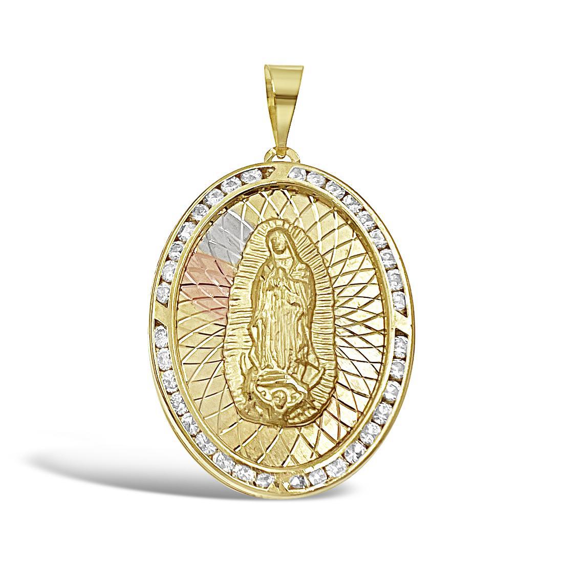 Virgin Mary Lady Guadalupe & Jesus Two Side Pendant 10k Gold Charm 1.9"