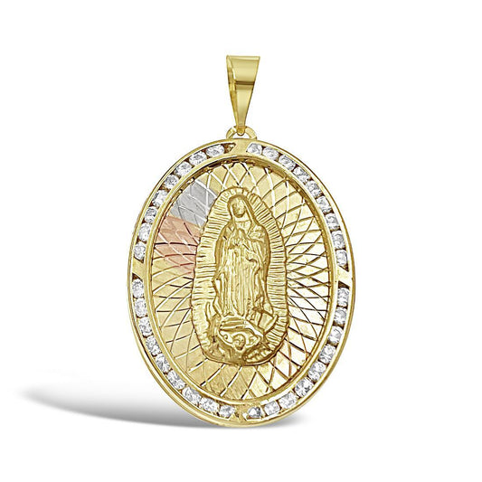 Virgin Mary Lady Guadalupe & Jesus Two Side Pendant 10k Gold Charm 1.9"