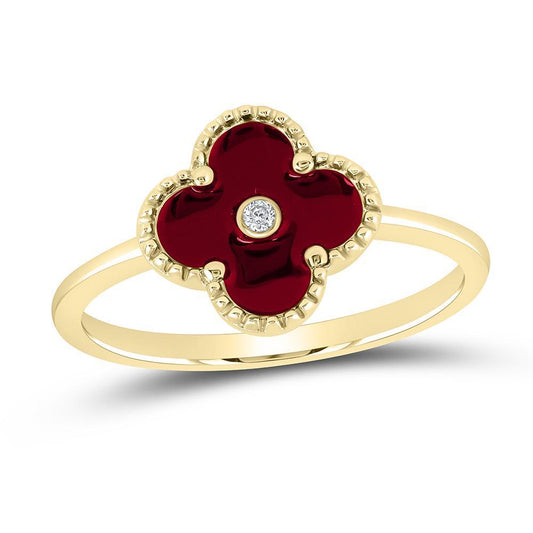 Solitaire Diamond Clover Flower Red Enamel Womens Ring 10K Yellow Gold