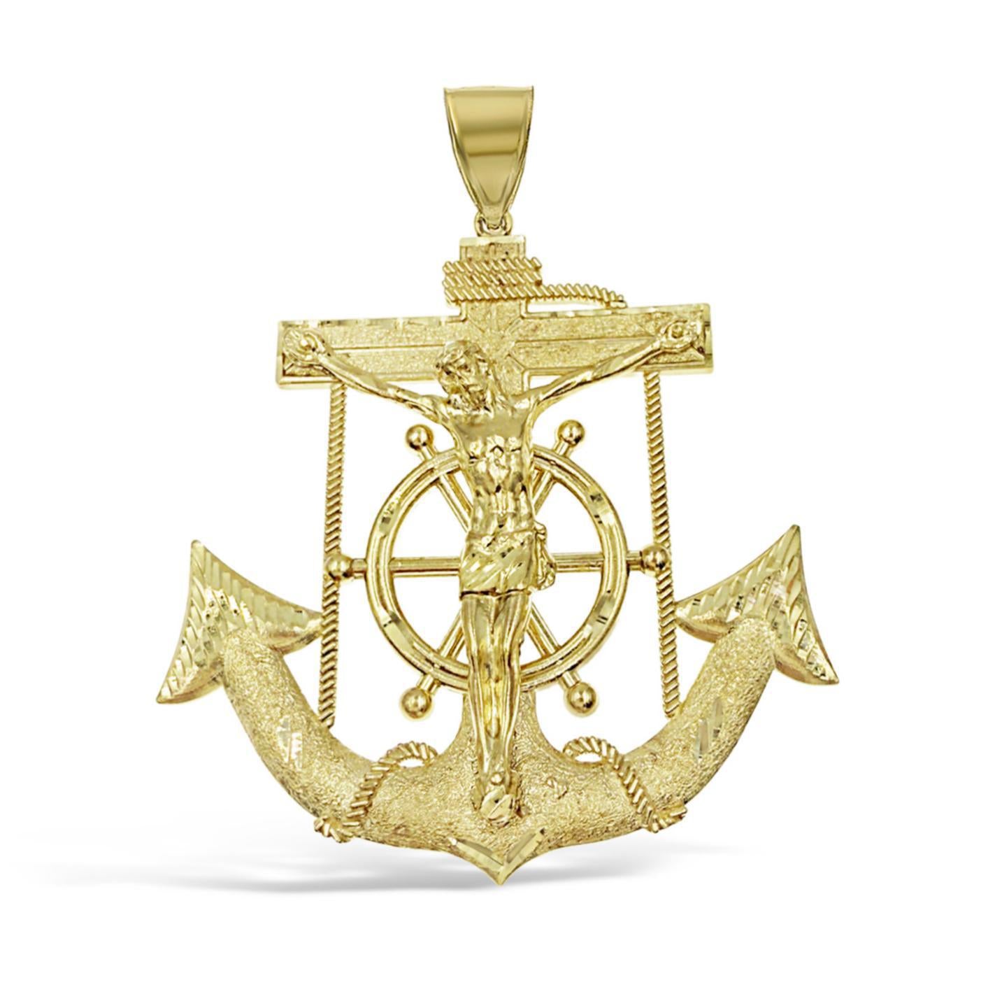 Anchor Jesus Crucifix Cross Mens Large Pendant 10k Yellow Gold
