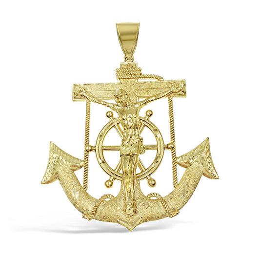 Anchor Jesus Crucifix Cross Mens Large Pendant 10k Yellow Gold