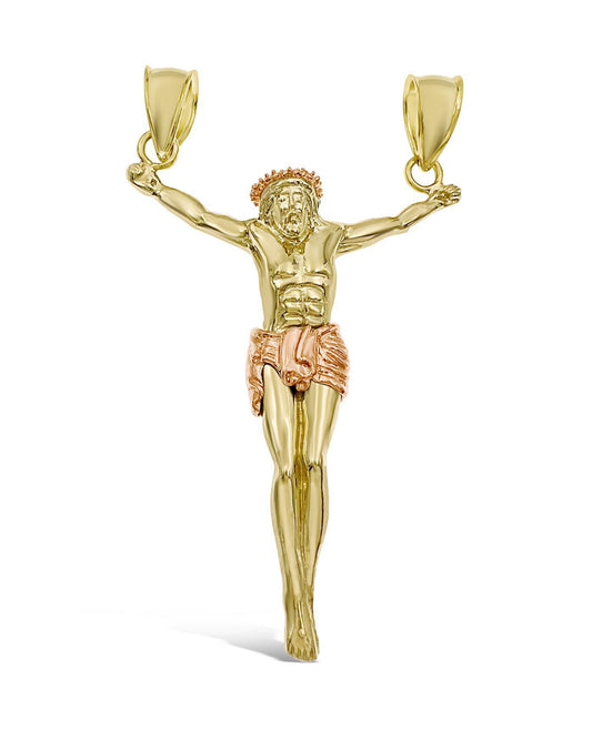 Jesus Crucifix Pendant 10k Gold 3D Two Bail Charm 3"