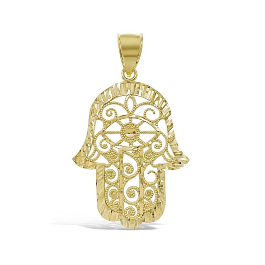 Hamsa Fatima Hand Palm Pendant Charm 10k Yellow Gold 2 inch