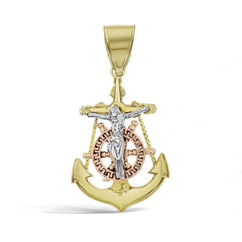 Anchor Jesus Crucifix Cross Mens Pendant 10k Tri Color Gold Charm 1.2 inch