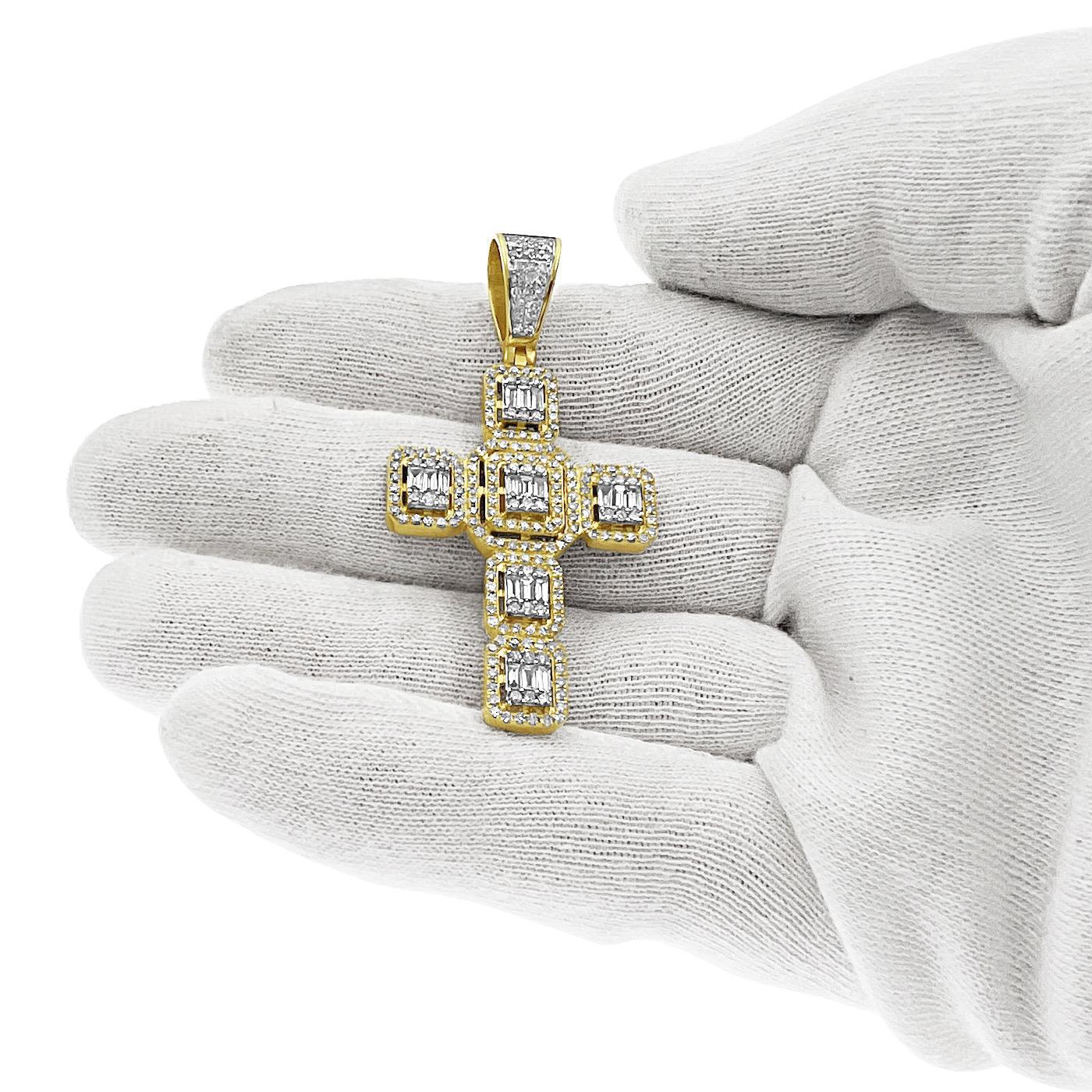 1.68 Cttw Baguette Diamond Cross Mens Pendant Charm 14k Yellow Gold