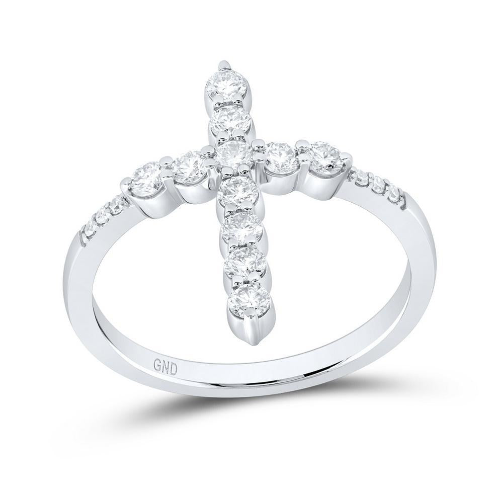 0.62Ctw Diamond Cross Ring Band 14k White Gold Womens