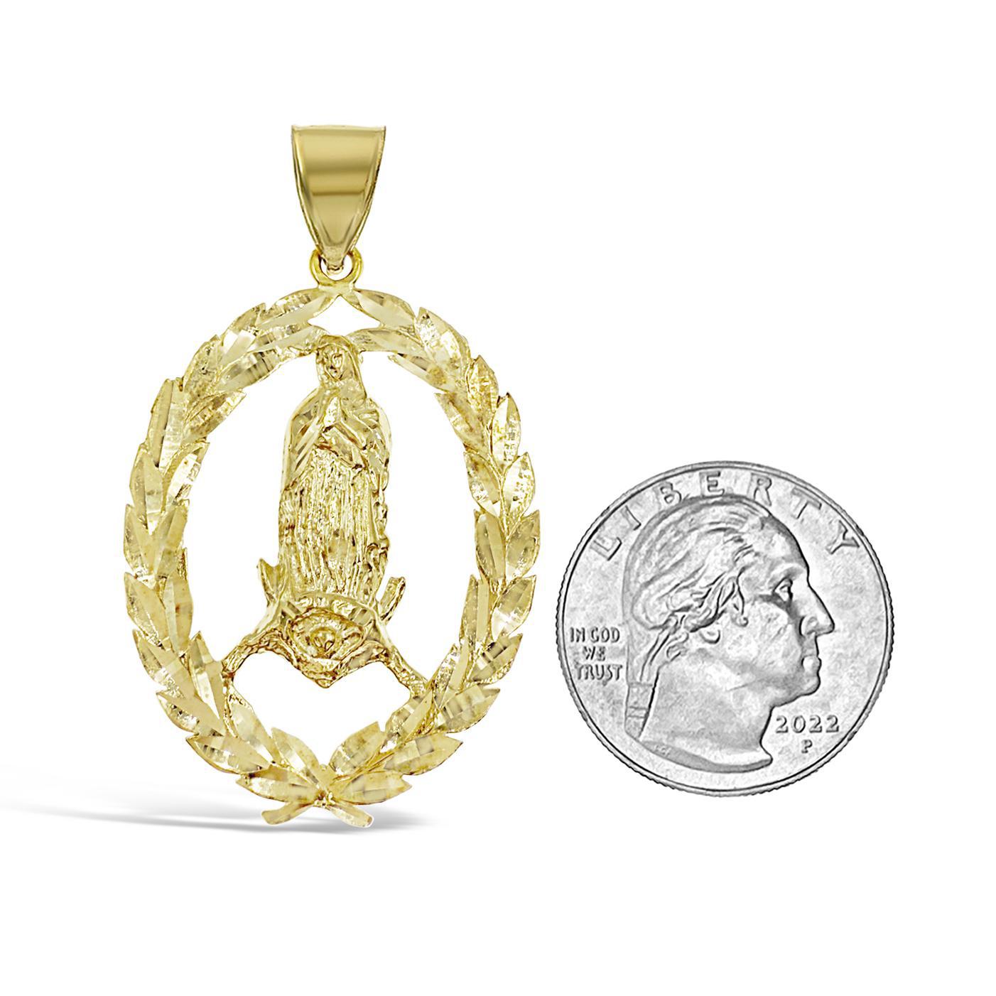10K Yellow Gold Lady Of Guadalupe Oval Leaf Border Pendant Virgin Mary