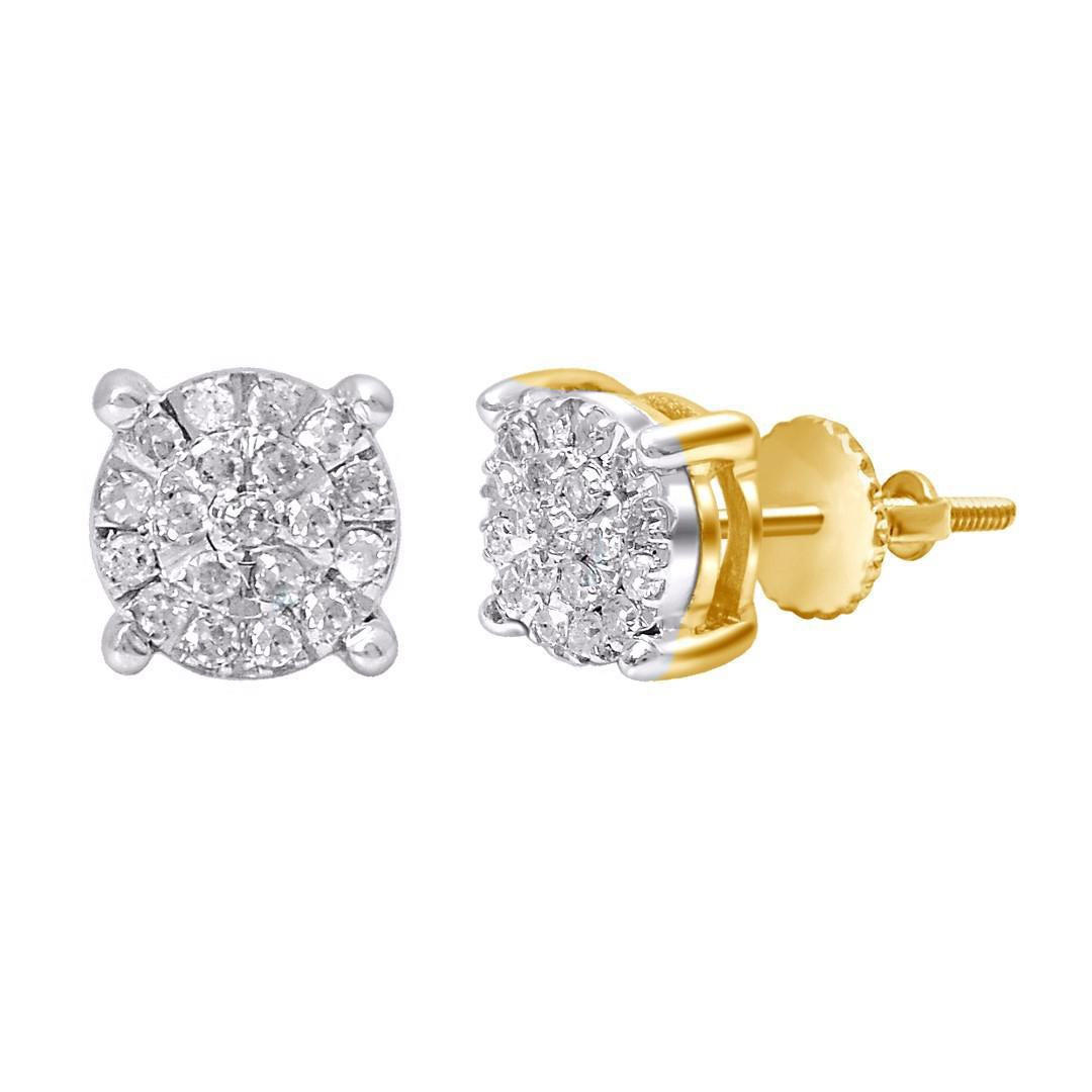 Diamond Round Cluster Stud Earrings 10k Yellow Gold Screw Back