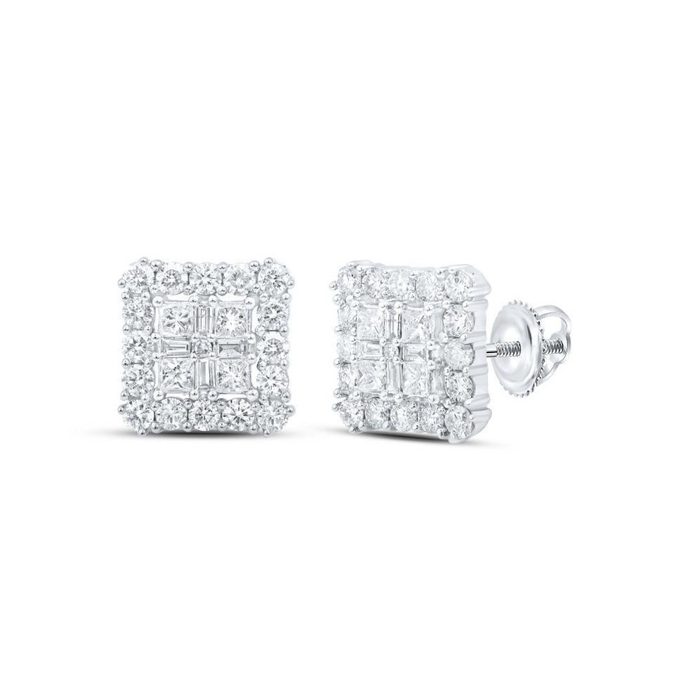 1.29Ctw Princess Baguette Diamond Square Stud Earrings 10k White Gold Screw Back